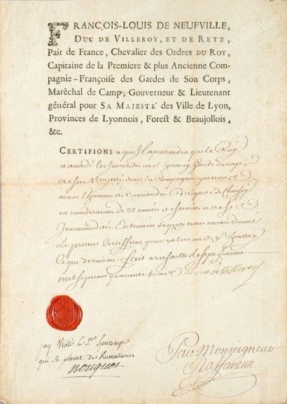 VILLEROY, François-Louis de NEUFVILLE, duc de (1644-1730) 
Certificat aux Invalides...