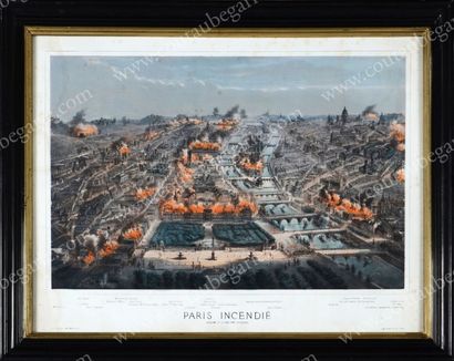 RIVIÈRE Charles 
Paris incendié pendant la Commune vue des Tuileries. 
Lithographie...