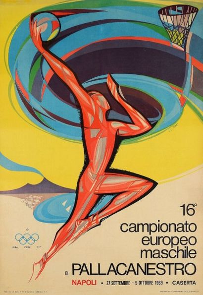 null Affiche officielle des XVIe Championnat d'Europe masculin 1969 en Italie. Illustration...
