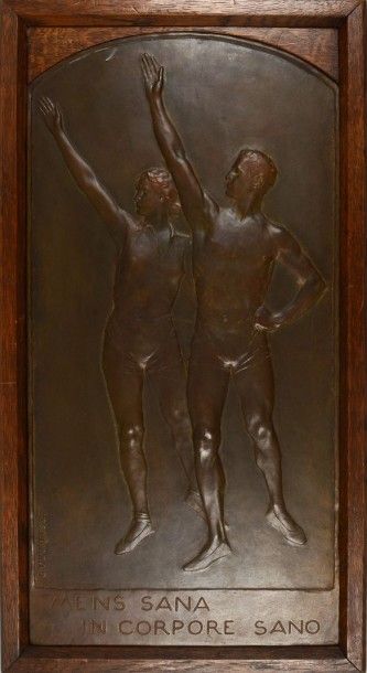 Plaque en bronze sur socle bois signée Godefroid...