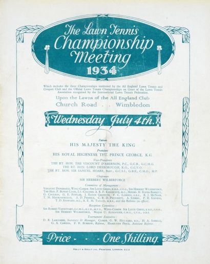 null Programme officiel de la demi-finale de Wimbledon le 4 juillet 1934 entre Crawford...