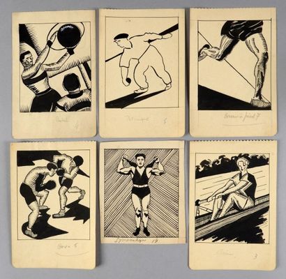 null Lot de 6 dessins d'illustrations à l'encre représentant chacun un sport (boxe,...