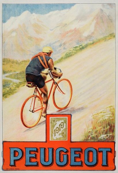 null Affiche publicitaire pour les cycles Peugeot en 1919. Imprimerie Camis à Paris....