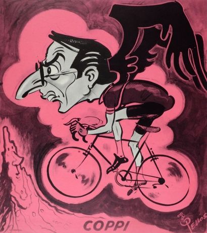 null Affiche caricature de Fausto Coppi. Illustration de Pellos. Dim. 45 x 51 cm....