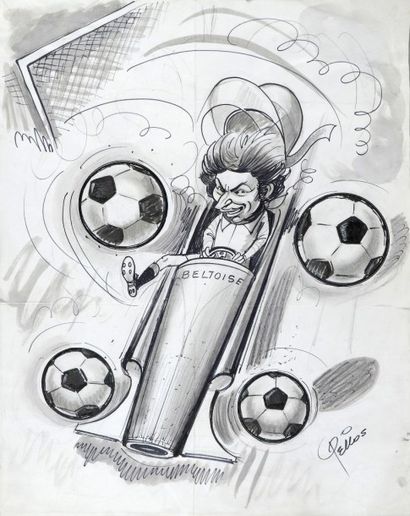 PELLOS. (1900-1998). 
Dessin original à l'encre et lavis «Beltoise au Football» paru...