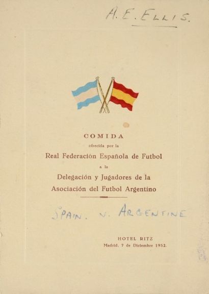 null Menu d'après match de A.E Ellis (1914-99), arbitre de la rencontre Espagne-Argentine...