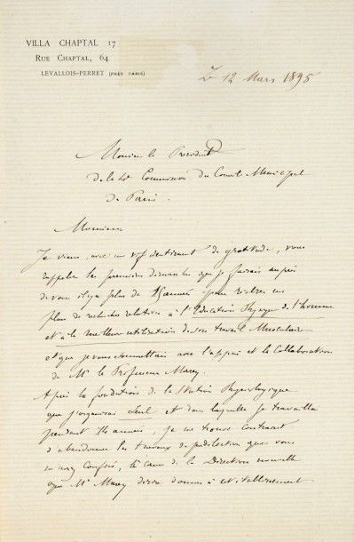 null Lettre manuscrite du 12 mars 1895 de Georges Demenÿ (1850-1917). Correspondance...