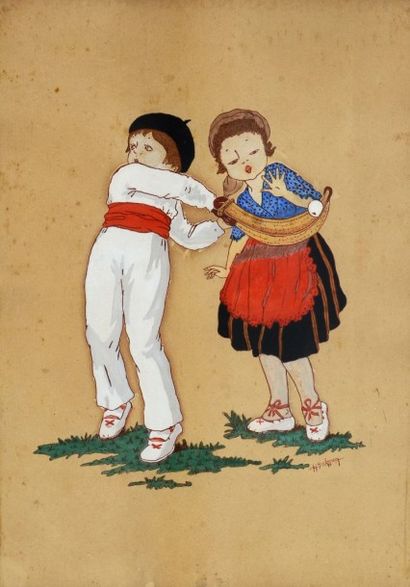 null Gouache de H. Yribarrenq représentant un couple d'enfant dont le garçon joue...