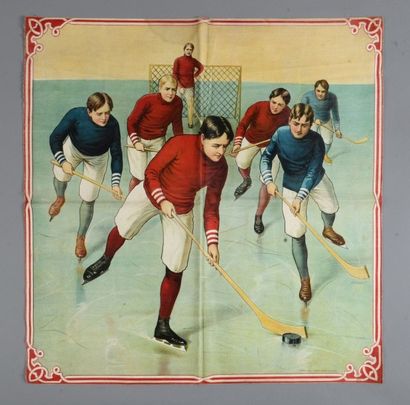 null Carré de tissu avec une scène de match de hockey sur glace du début du XXe siècle....