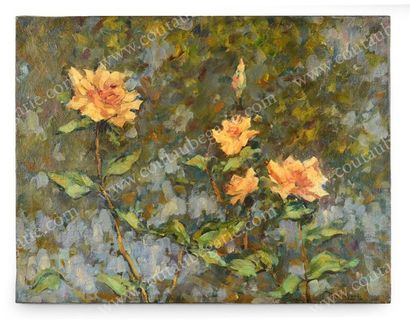 SAPUNOV Nikolaï Nikolaevich (1880-1912) 
Roses en fleurs. 
Huile sur toile signée...