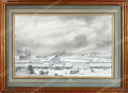 École RUSSE du XIXe siècle 
Courses de troïkas sur la Neva face au palais d'hiver.
Dessin...