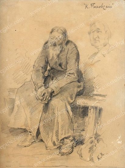MAKOVSKI Constantin Egorovich (1839-1915) 
Vieil homme russe assis sur un banc. 
Au...