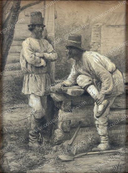 SCHEDOVSKY Igniatus (1815-1870), attribué à 
Deux paysans en forêt. 
Dessin à la...