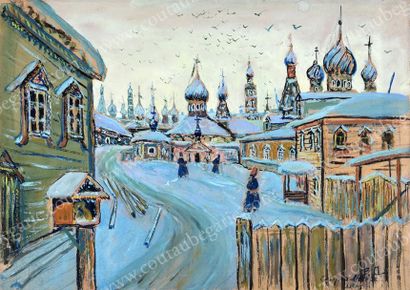 École RUSSE du XIXe siècle 
Vue du vieux Moscou sous la neige au XVIIe siècle. 
Aquarelle...