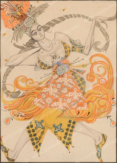 BAKST LÉON (1866-1924) 
Personnage de ballet russe.
Lithographie rehaussée à l'aquarelle,...