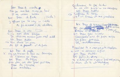 GUY BÉART (1930-2015) 
UN MANUSCRIT ORIGINAL DE LA CHANSON « BON DIEU DE VACHES !«...