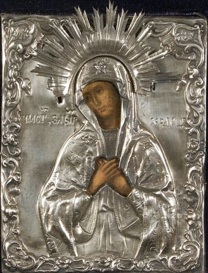 null Icône sur bois, «Vierge», avec sa riza en argent. Poinçon titre: 84, Saint-Pétersbourg,...