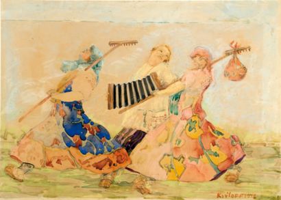 KRYLOFF Boris (1891-1977). Retour des champs. Aquarelle signée en bas à droite et...