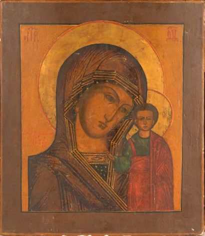 null Icône sur bois représentant « La Vierge de Kazanskaya ». Travail russe du XIXe...