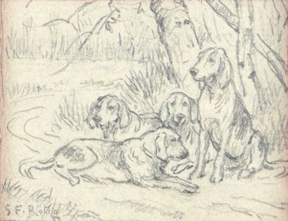 Georges Frédéric ROTIG (1873-1961) Quatre chiens de chasse au repos
Crayon sur papier.
Signé...