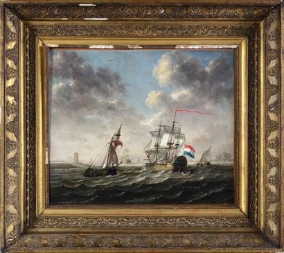 Attribué à Jochem de VRIES (1753-1789) Navires dans un estuaire.
Toile.
39 x 47 cm
Inscrit...