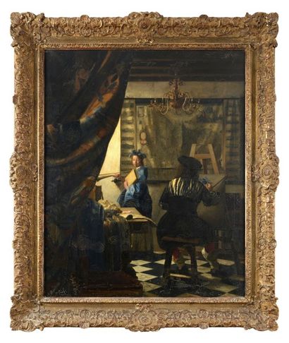Ecole Autrichienne vers 1900, d'après Vermeer L'atelier du peintre.
Toile d'origine.
118...