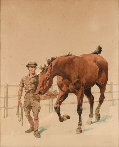 Charles Ferdinand de Condamy (1847-1913) Le cheval et son lad.
Aquarelle, signée...