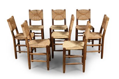 Charlotte Perriand (1903 – 1999) Rare suite de huit chaises modèle n°19, paille bauche,...
