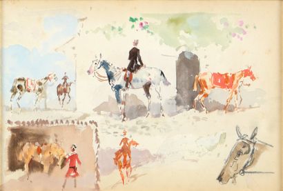 Baron Jules FINOT (1826-1906) Scènes de chevaux et de vénerie.
Aquarelle
12 x 19...