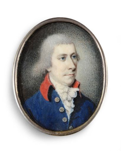 ECOLE ANGLAISE FIN XVIIIE SIÈCLE Portrait d'homme en costume bleu à col rouge
Miniature...