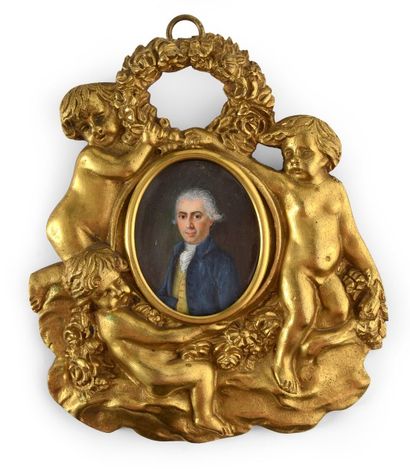 null Portrait d'homme en costume bleu, miniature sur ivoire ovale, 4,3 x 3,4 cm,...
