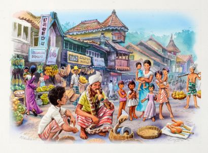 MARLIER, Marcel Marché au Sri Lanka.
Encres de couleurs pour cette magnifique illustration...