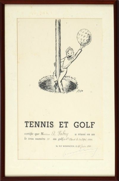 null Diplôme «Tennis et Golf» certifiant le «trou en 1» réussi par M. Fabry sur le...