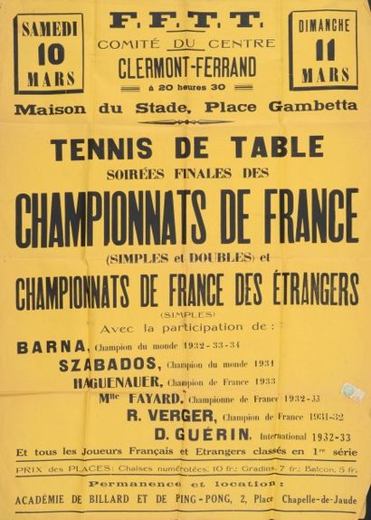 null Affiche des Championnats de France de tennis de table les 10 et 11 mars 1934...