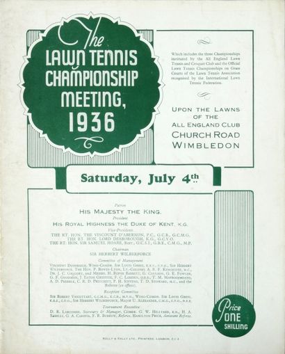 null Programme officiel du 4 juillet du Tournoi de Wimbledon 1936.
Fred Perry s'impose...