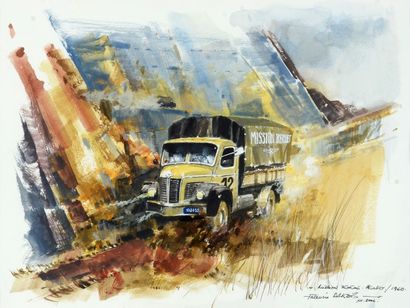 Dartois Francis (1934-2015) Gouache aquarellée sur papier.
«Mission Ténéré Berliet...