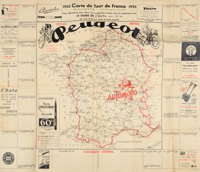null Affiche de la carte du Tour de France 1933.
Publicité Peugeot. Le parcours et...