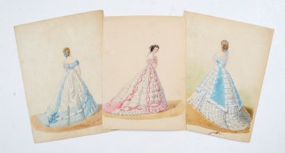 null Ensemble de maquettes gouachées de gravures de mode, vers 1865-1860, élégantes...