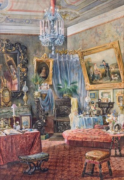 Giulio EWING (XIXe siècle) 
Scènes d'intérieur.
Deux aquarelles, signées et datées...