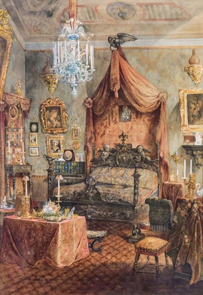 Giulio EWING (XIXe siècle) 
Scènes d'intérieur.
Deux aquarelles, signées et datées...