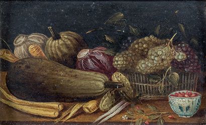 École Flamande, XVIIe siècle, suiveur de Jan van KESSEL Corbeille de raisins et légumes...