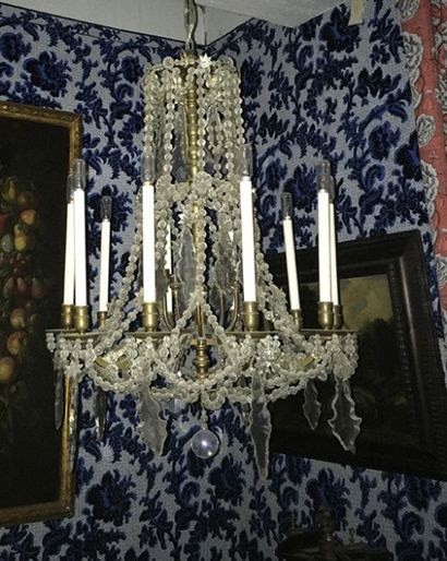 null Lustre, XIXe siècle, modèle à dix lumières, à décor de perles et de plaques...