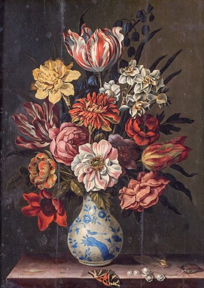 Ecole Flamande du XIXème siècle Vase de fleurs
Panneau de chêne parqueté
44 x 32,5...