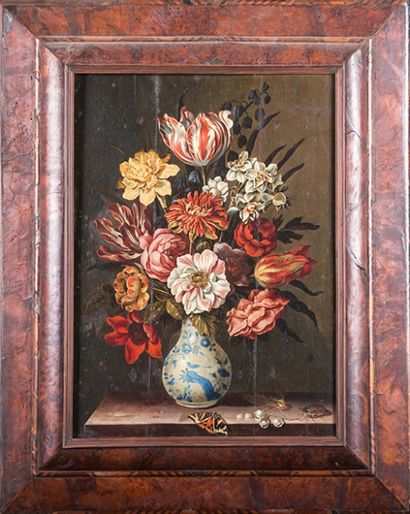 Ecole Flamande du XIXème siècle Vase de fleurs
Panneau de chêne parqueté
44 x 32,5...