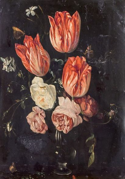Ecole FLAMANDE vers 1640, atelier de Daniel SEGHERS Tulipes et roses dans un vase...