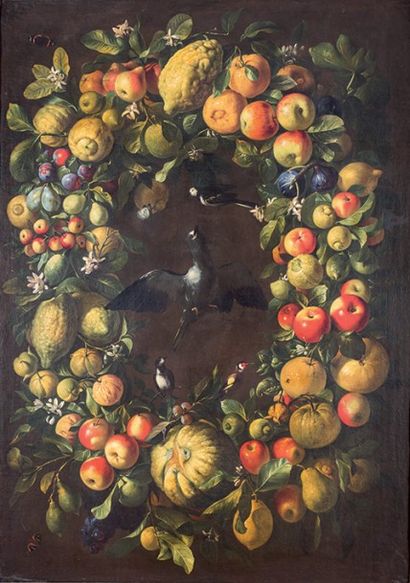Frans SNYDERS (1579-1657), attribué à Guirlandes de fruits, oiseaux au centre et... Gazette Drouot