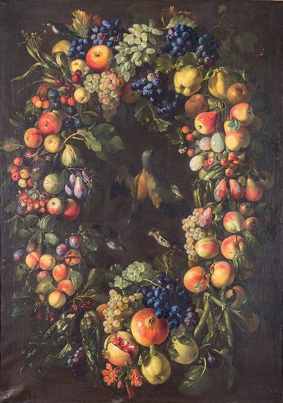 Frans SNYDERS (1579-1657), attribué à Guirlandes de fruits, oiseaux au centre et...