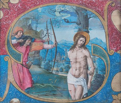 Lettre ornée, XVIe siècle 
représentant le martyr de Saint-Sébastien, inscrit dans...