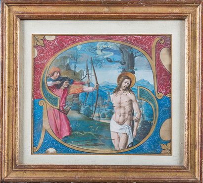 Lettre ornée, XVIe siècle 
représentant le martyr de Saint-Sébastien, inscrit dans...
