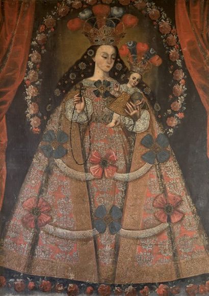 École de Cuzco, Pérou 
Vierge à l'enfant.
 Huile sur toile. (Accidents). 200 x 142...